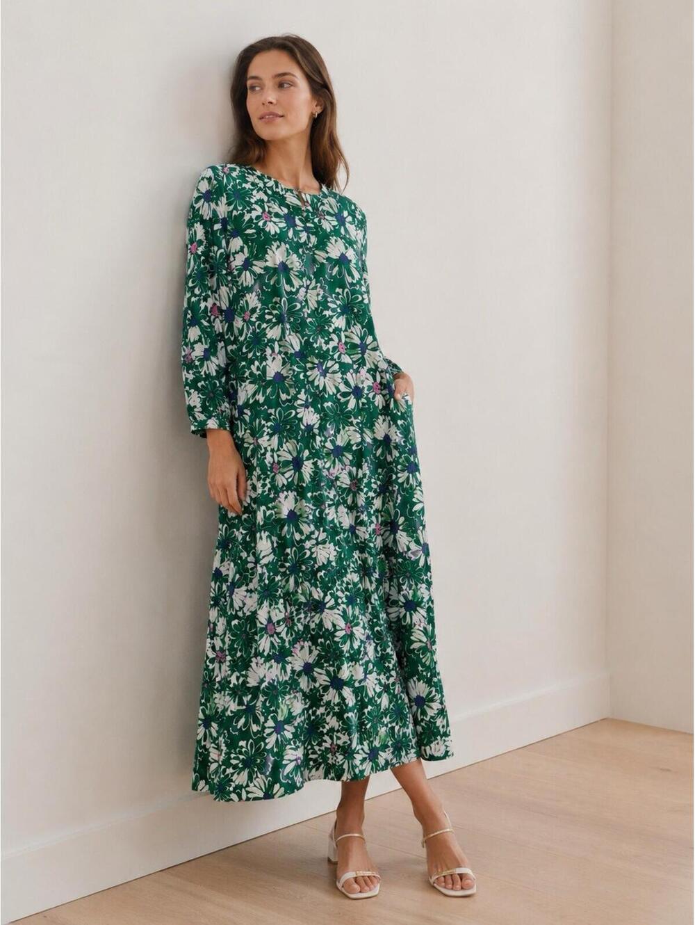 LOFT Women's 12 Floral Green Feminine Rayon Maxi Length Buttoned Dress